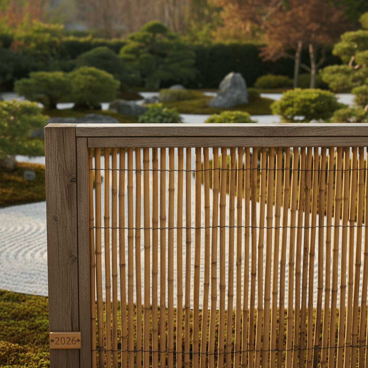 DIY bamboo garden fence with natural texture filtering soft daylight in a Japanese garden.