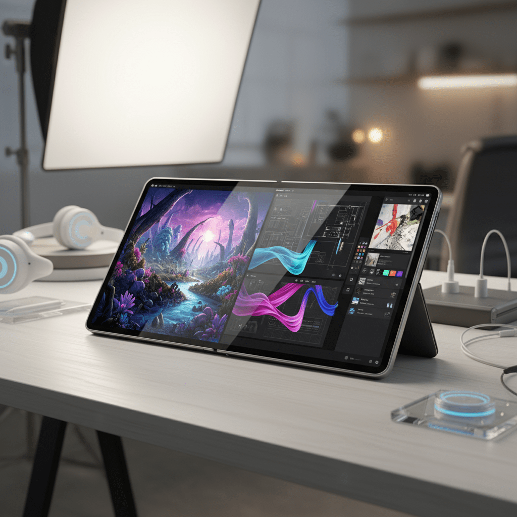 Dual-sided folding tablet with vibrant OLED display on a modern workstation.