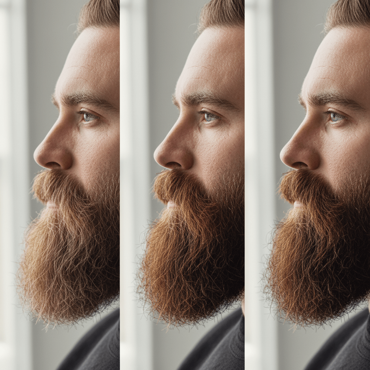 Bearded man shows gradual beard color change from light to dark in split frame.