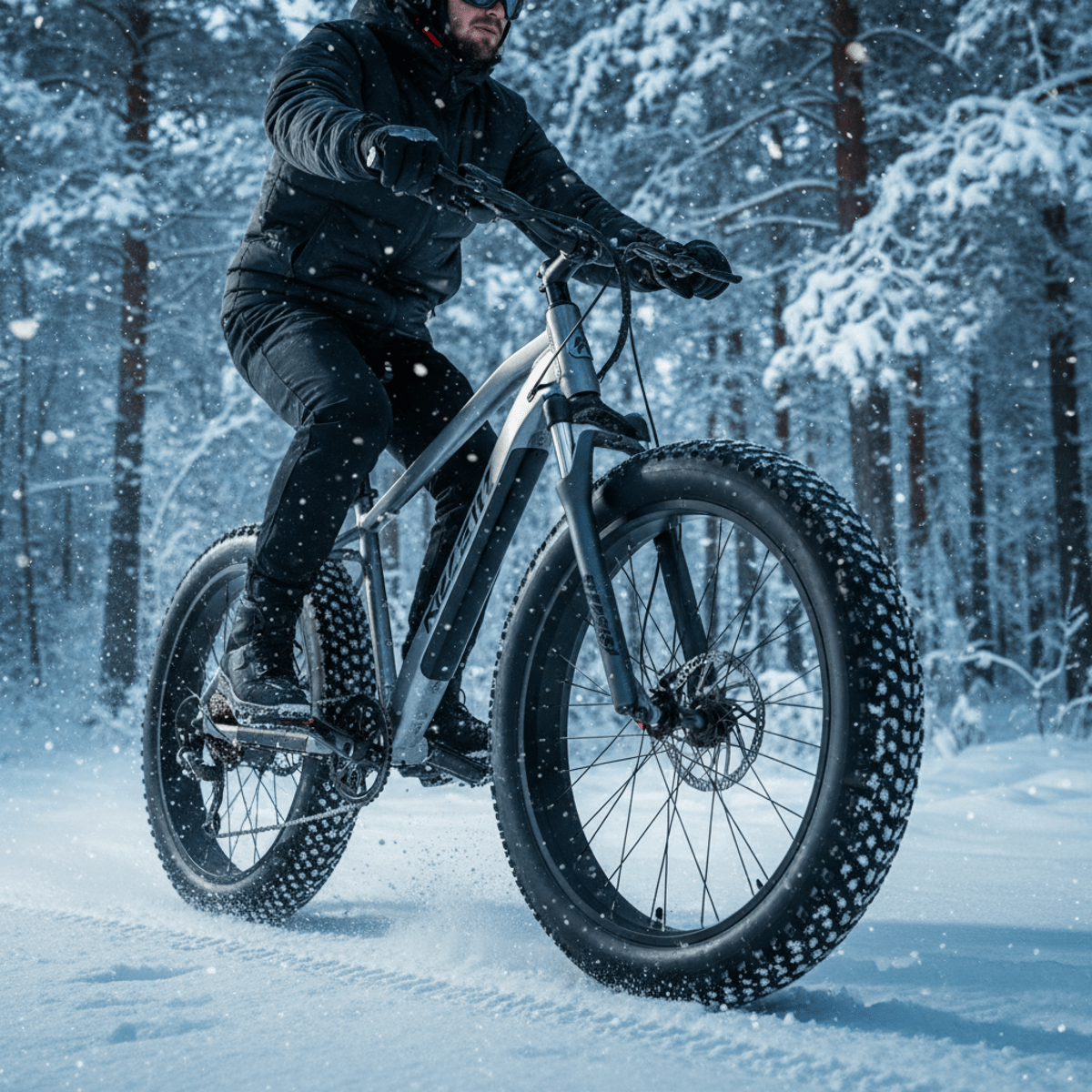 Budget fat tire e-bike with chunky tires rides through a snowy forest trail.