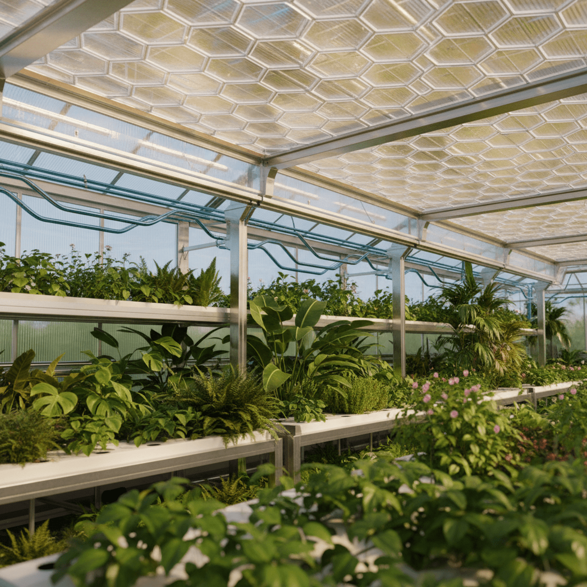 Futuristic greenhouse with solar heaters and lush plants under bright daylight.