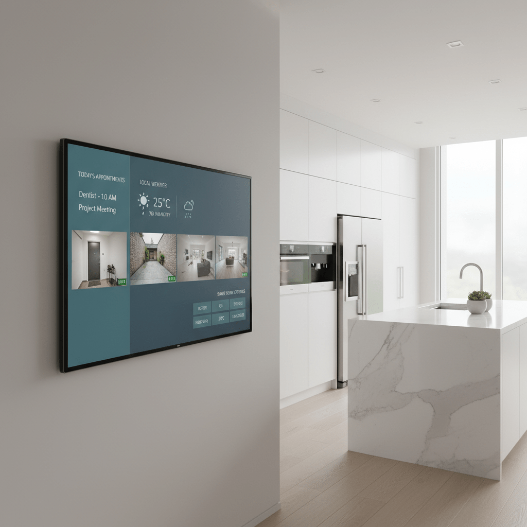 Sleek 4K TV displays smart home dashboard on a modern kitchen wall.