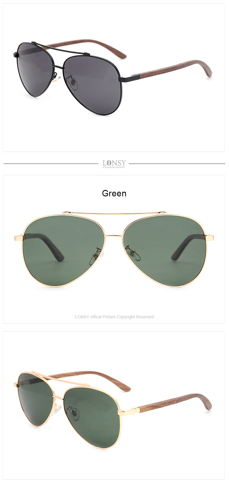 Bras en bois en metal classiques de la mode aor lunettes de soleil polarisees pour les hommes