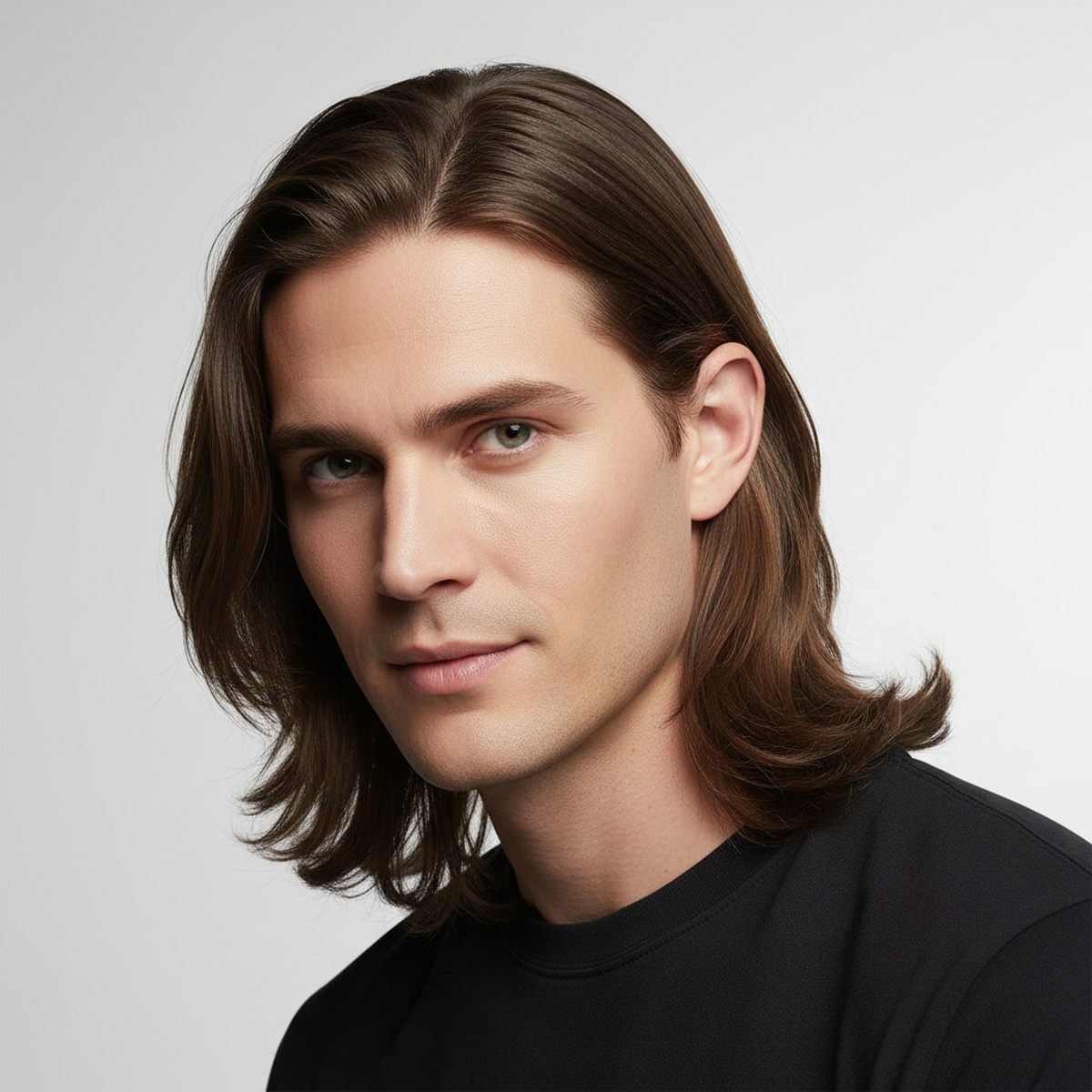 Man with natural mid-length Bro Flow haircut styled with fingers, soft waves.