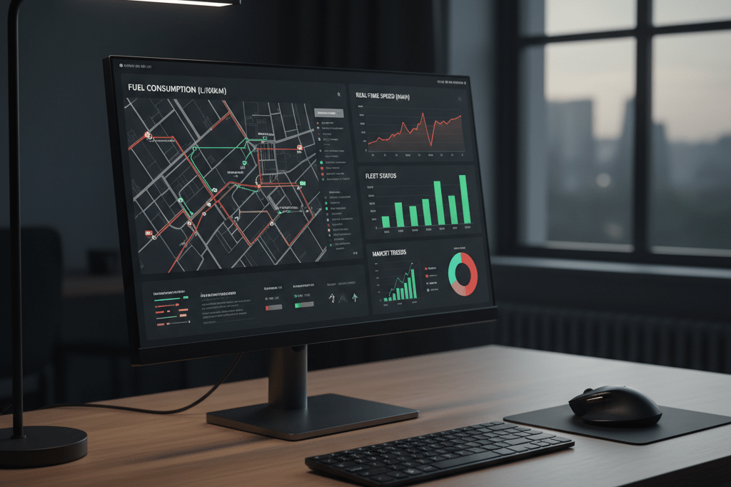 Close-up of a fleet management dashboard showing generic telemetry and fuel analytics, softly lit by an LED desk lamp
