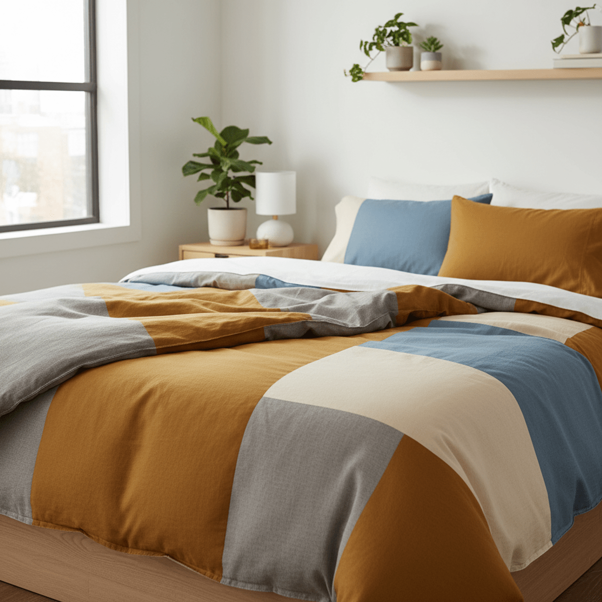 Neutral grey and ochre reversible comforter on a modern bed with clean lines.