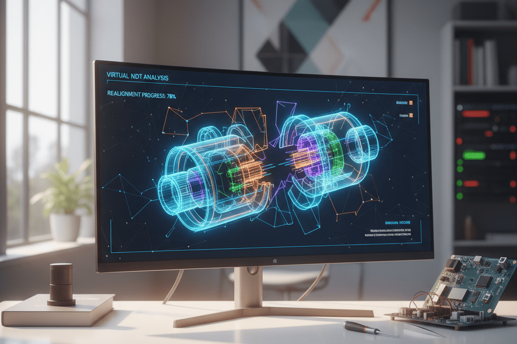 Engineering workstation with monitor showing virtual component repair and circuit board under natural light