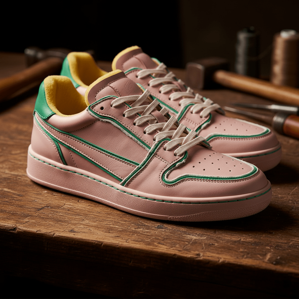 Premium pink and green leather sneakers with exposed foam on a vintage cobbler's table.