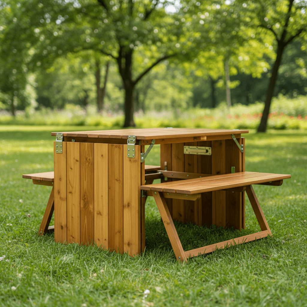 Sustainably harvested bamboo picnic table unfolded in a lush green park.