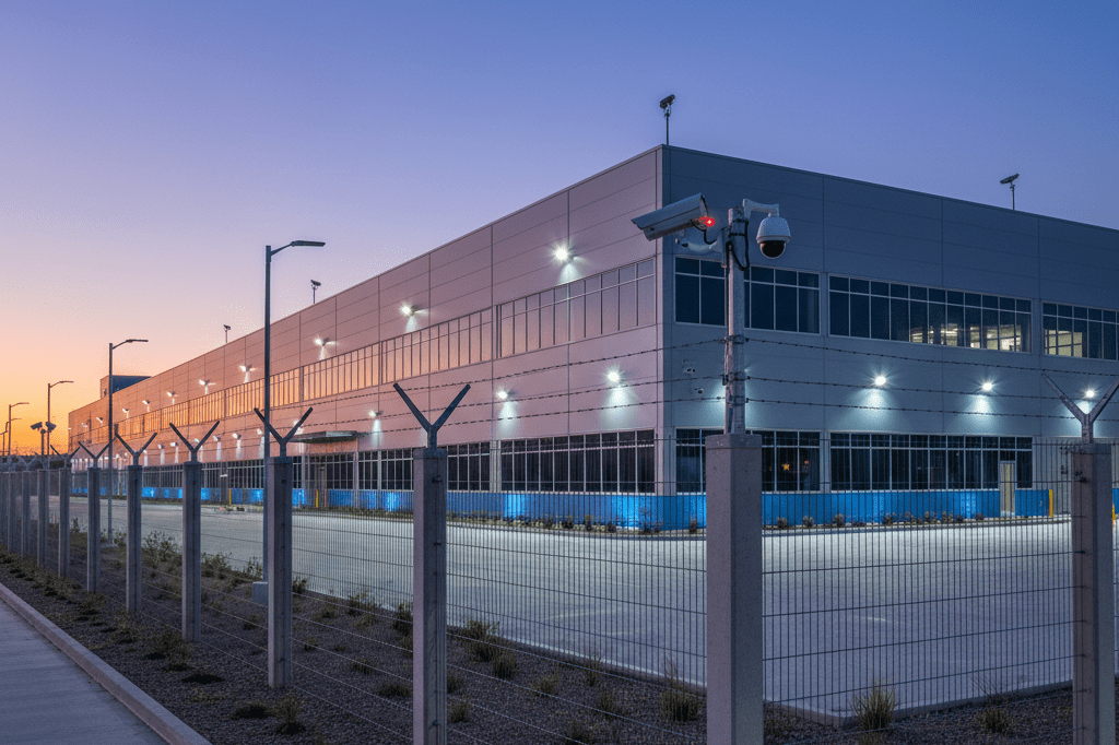 Wide-angle view of a manufacturing plant's exterior with perimeter lighting and surveillance setups under natural dusk lighting