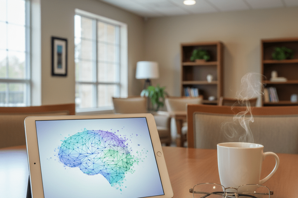 Medium shot of a tablet showing abstract brain graphics beside reading glasses and a mug in a sunlit senior activity room