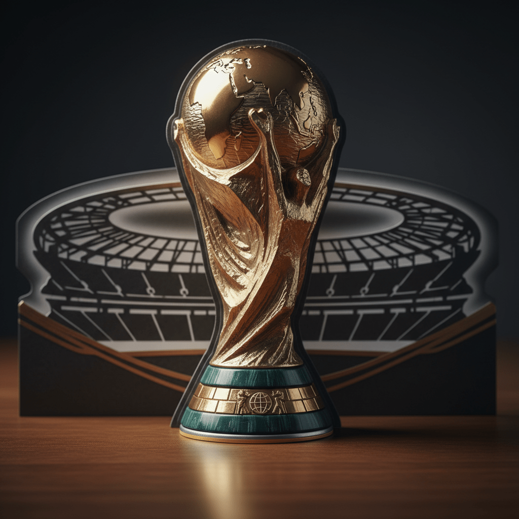 Football cards shaped like the World Cup trophy with gold foil and heraldic crests.