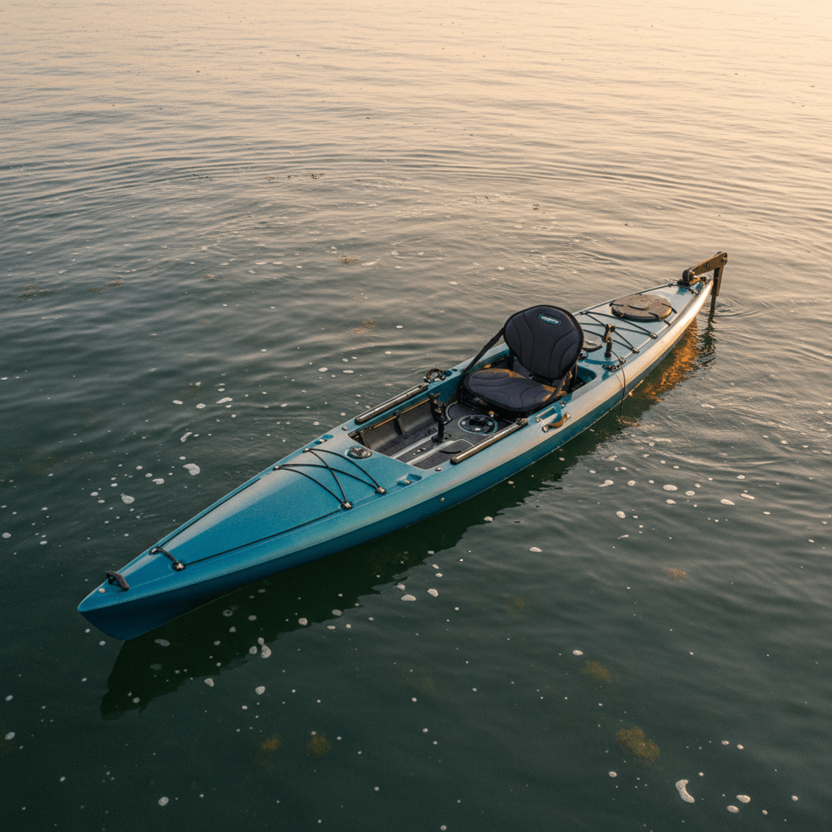 Fishing kayak on calm ocean during golden hour sunlight Sleek fishing kayak with trolling motor on calm ocean water during golden hour.