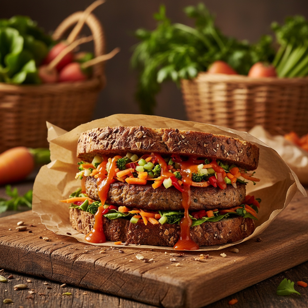 Close-up of a sustainable sandwich with vegetable scraps on reclaimed wood.