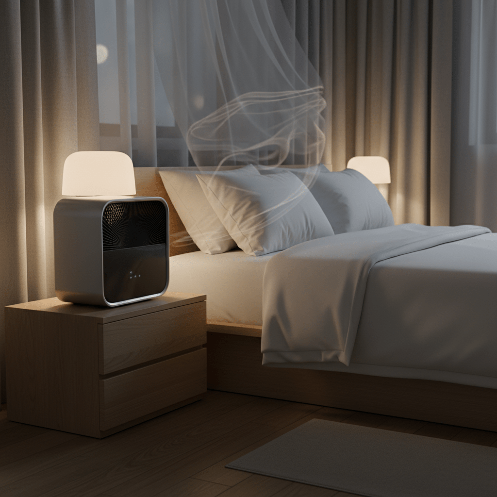 Serene bedroom with futuristic silver box fan Futuristic low-profile box fan in a serene bedroom with ambient light.