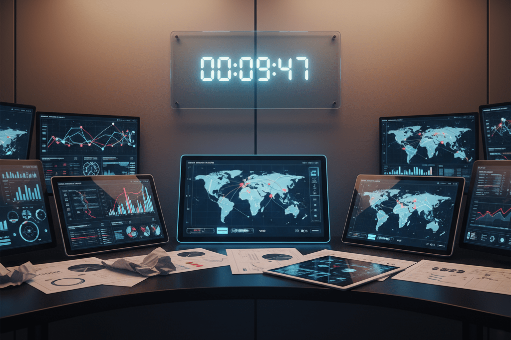 Logistics desk with countdown timer and data screens under ambient light, symbolizing supply chain precision