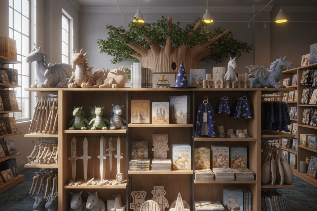 Warmly lit retail display showcasing fantasy-themed toys, books, and apparel, evoking immersive shopping environments