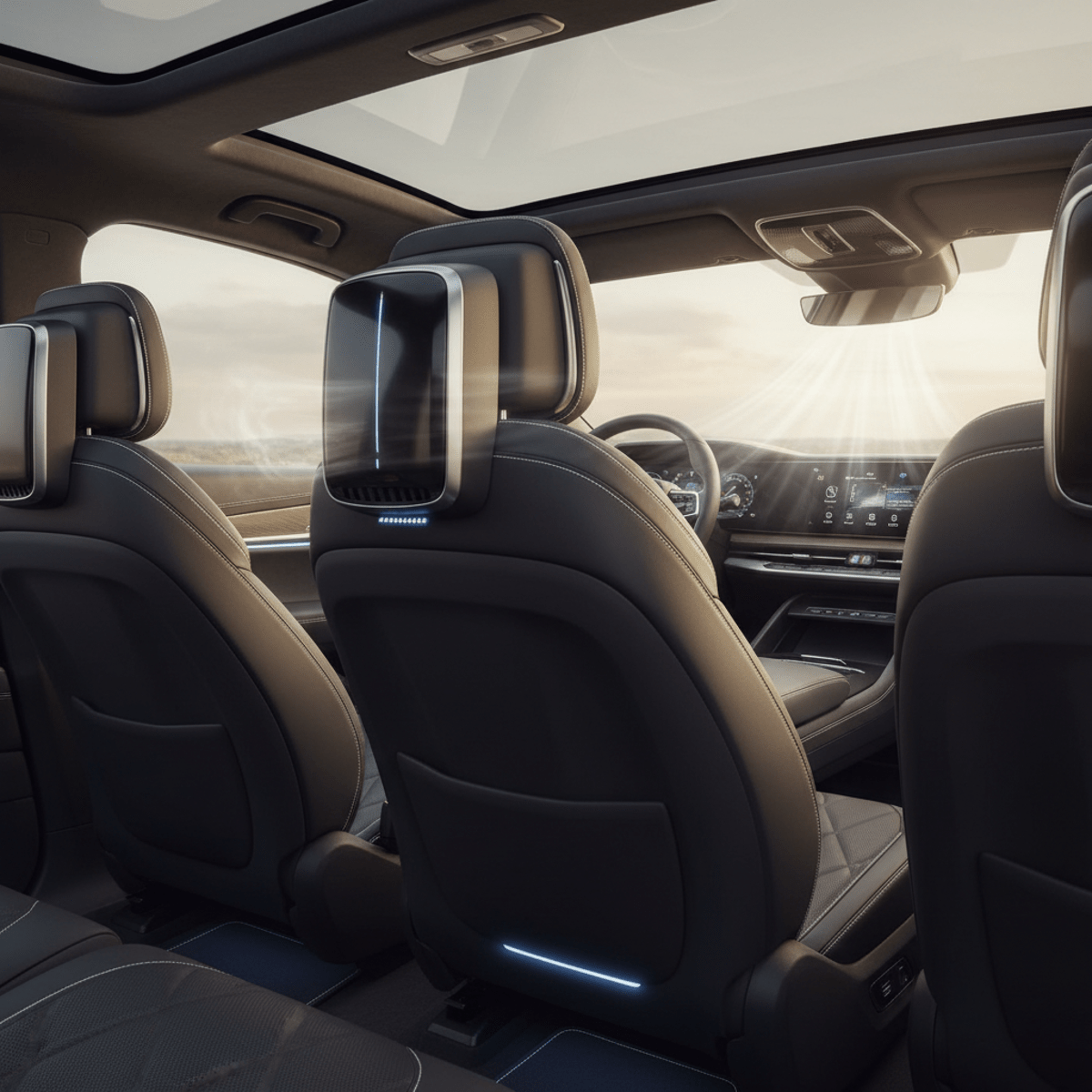 Sleek car air purifier in a premium SUV interior with leather and metal accents.