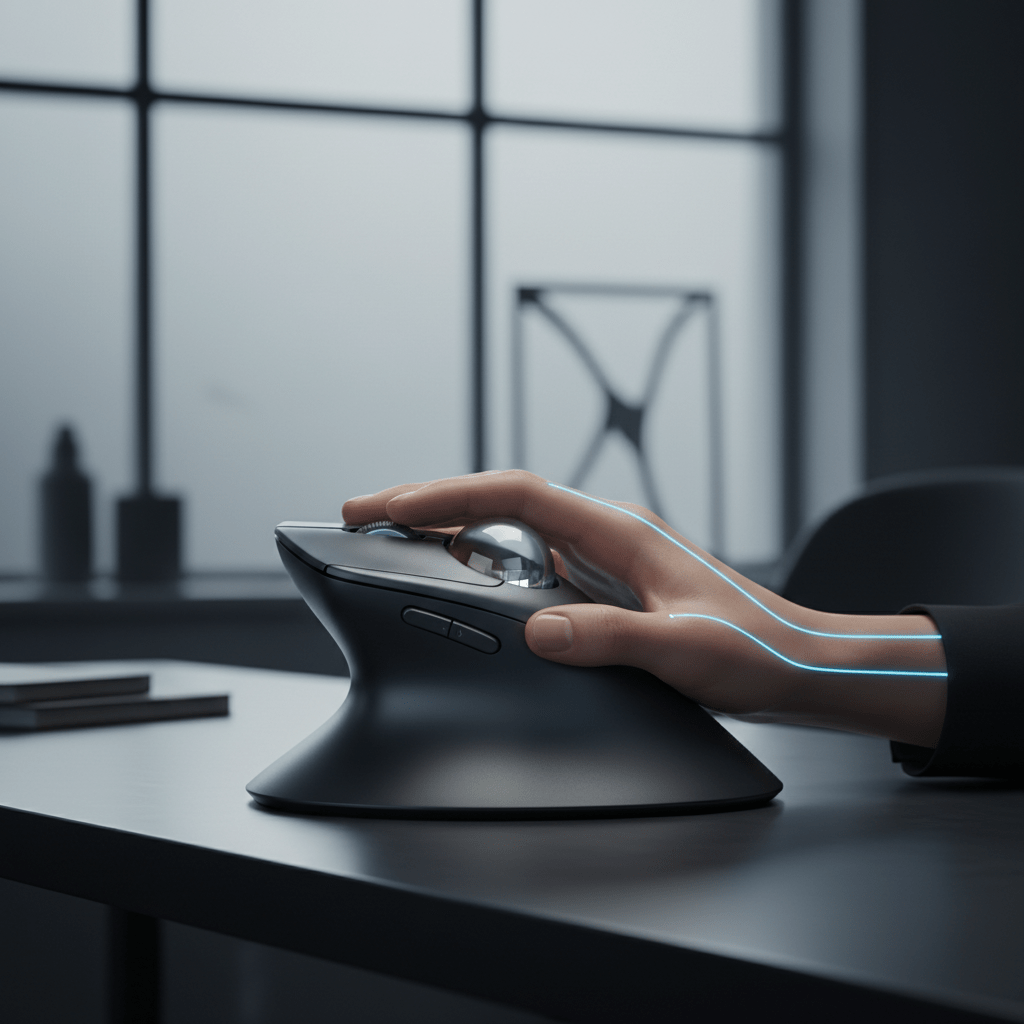 High-end ergonomic trackball mouse with matte graphite finish and glowing muscle zones.