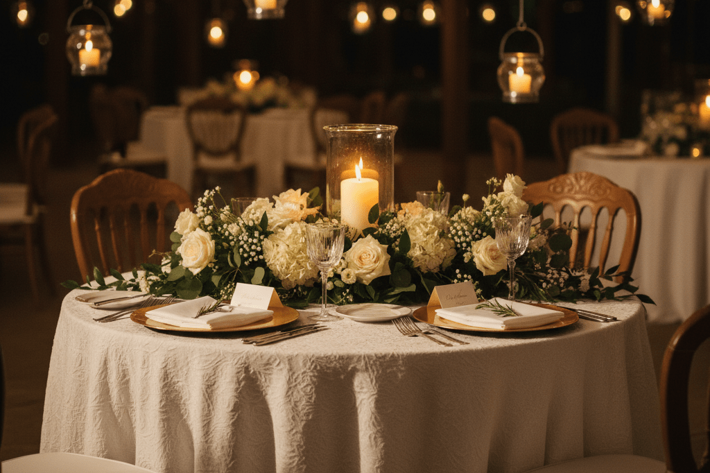 Empty elegant wedding table with candlelight and flowers suggesting exclusive private celebration