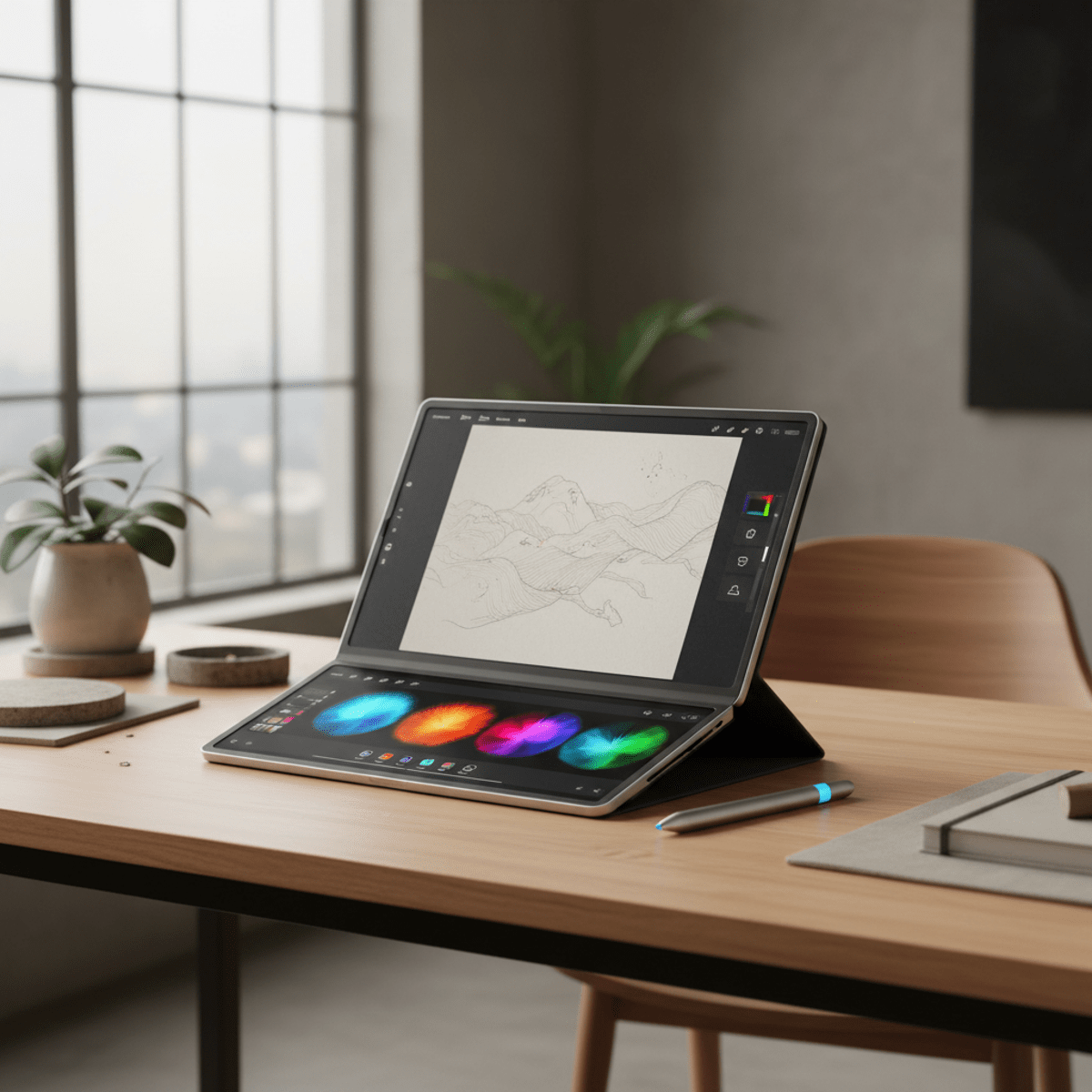 Futuristic folding tablet angled as an artist's easel with stylus and digital paint swatches.
