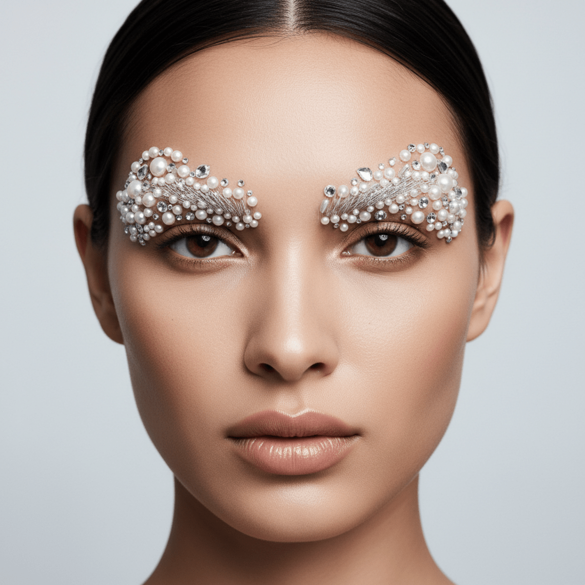 Model with eyebrows transformed into art with pearls and crystals.