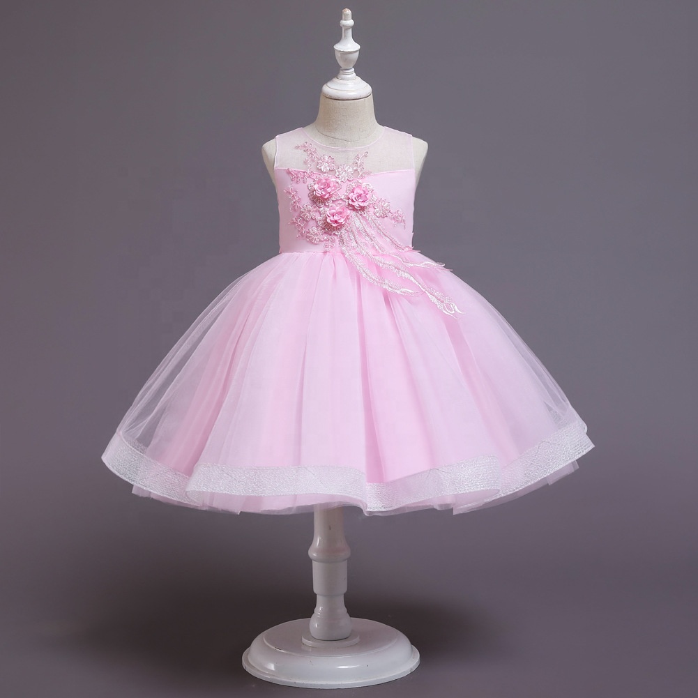 Summer Lace Tulle Straps Children's Three-dimensional Flower Dress Little Girl Sleeveless Elegant Banquet Wear