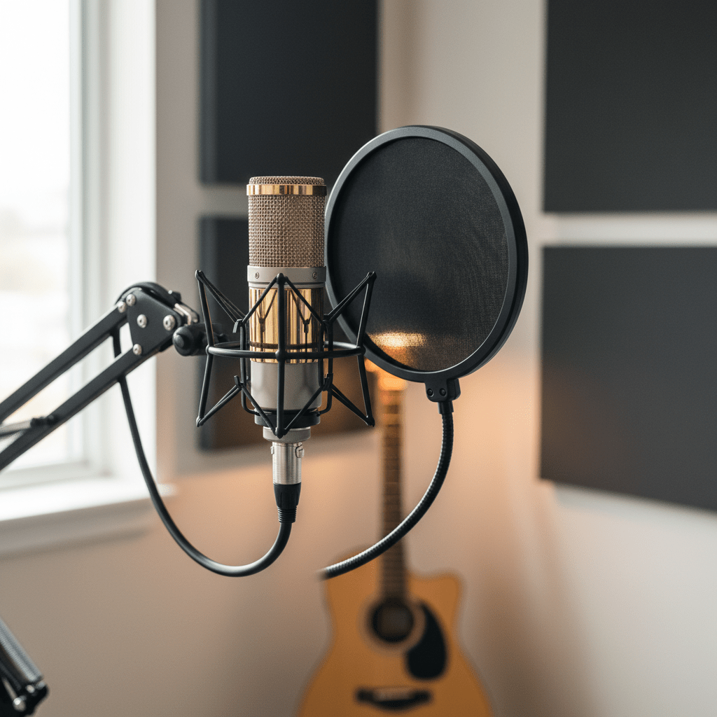 Professional condenser microphone in a modern home studio with acoustic panels and guitar.