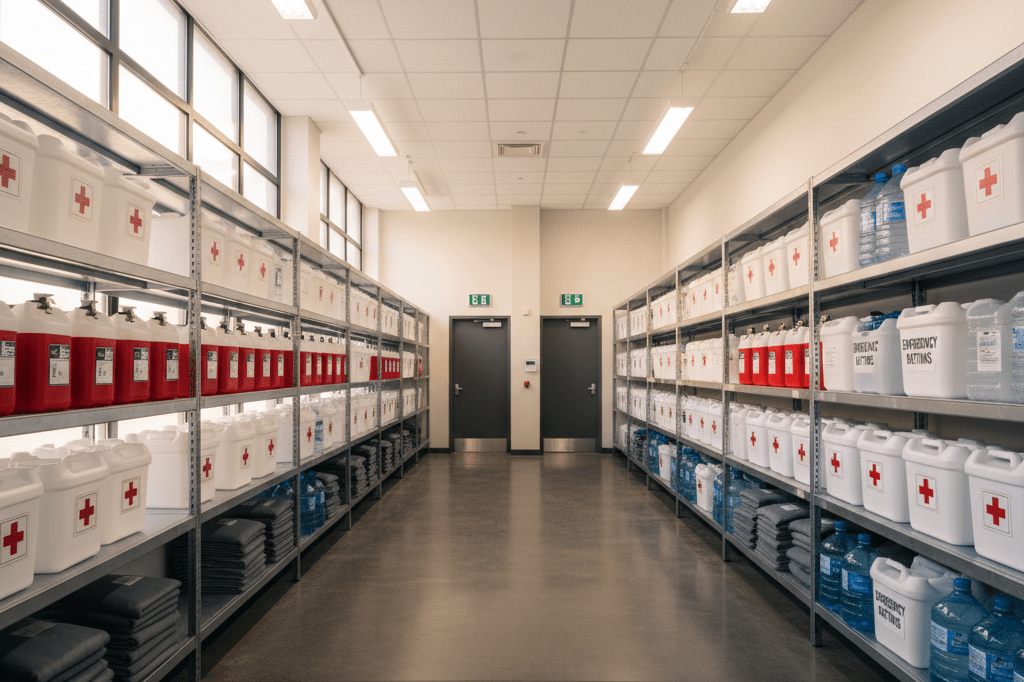 Wide view of safety equipment on shelves under natural indoor lighting, showing urban disaster preparedness