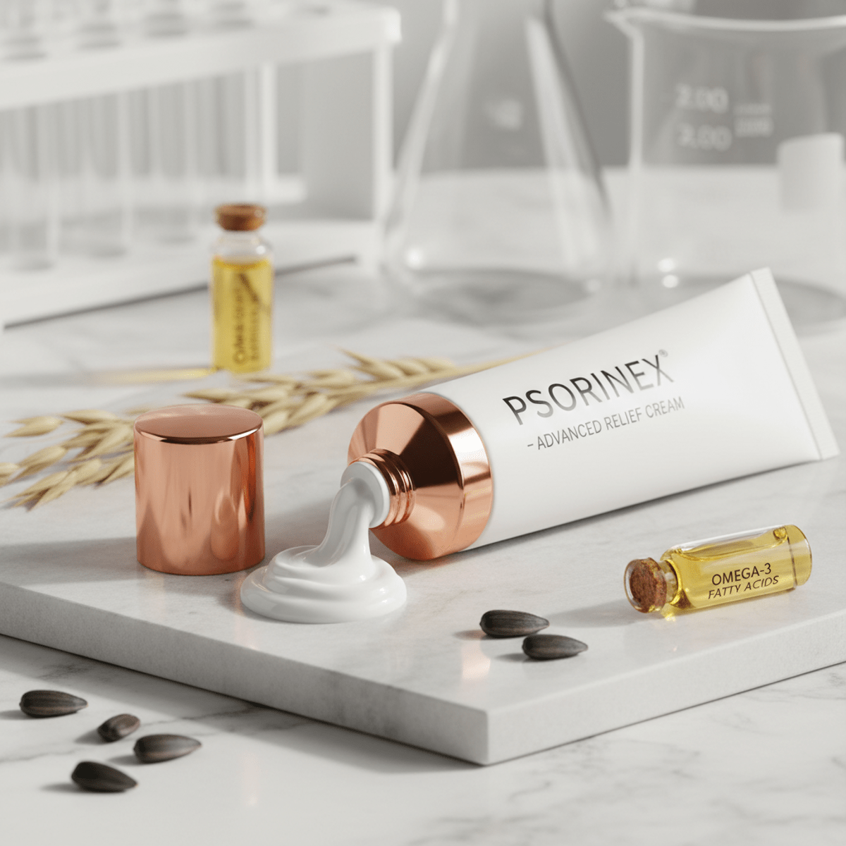 Close-up of rich psoriasis cream in a matte tube on marble with natural elements.