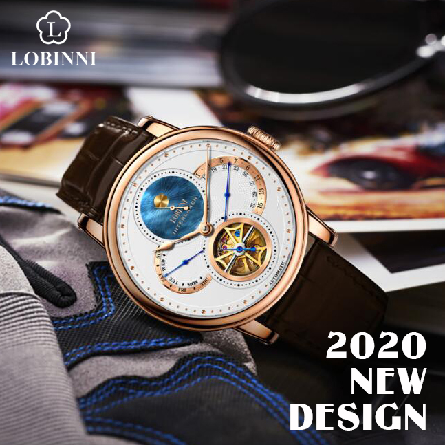 ルンルン Lobinni 16015 Men's Brown Leather Skeleton Watch - Automatic