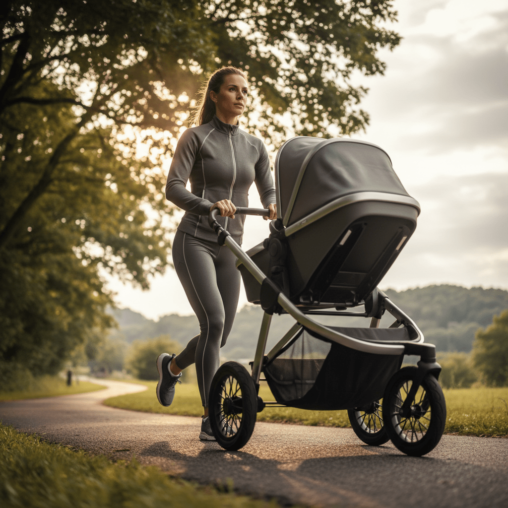 Muscular mother running uphill with jogging stroller, dynamic power in motion.