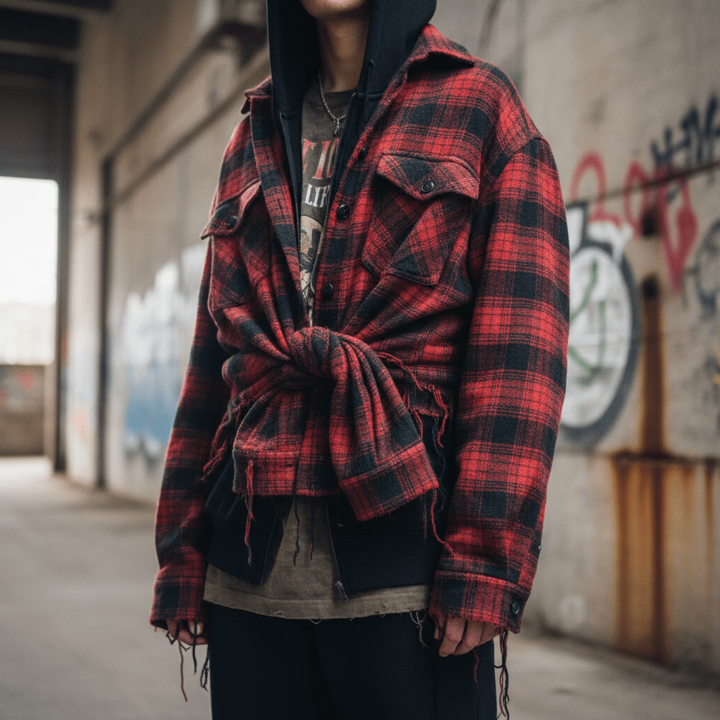 Luxury grunge flannel shacket in urban industrial backdrop Oversized luxury flannel shacket with heritage plaid over streetwear in urban setting.