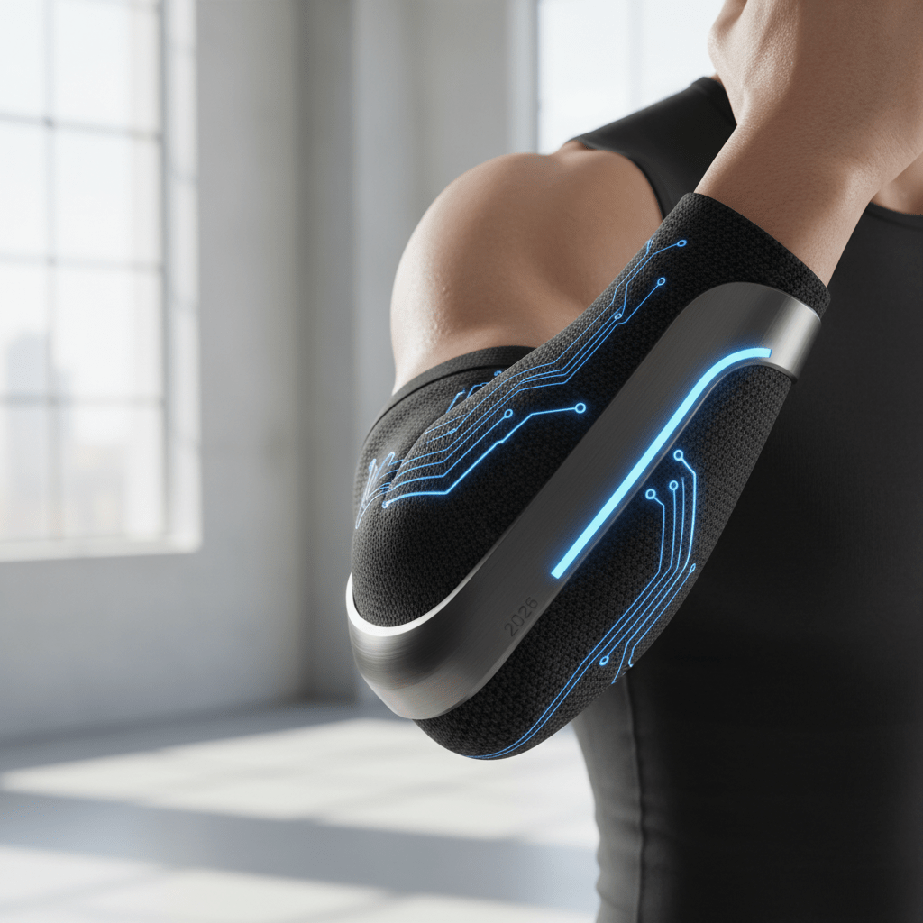 Close-up of a high-tech elbow brace with integrated circuit pathways in smooth fabric.