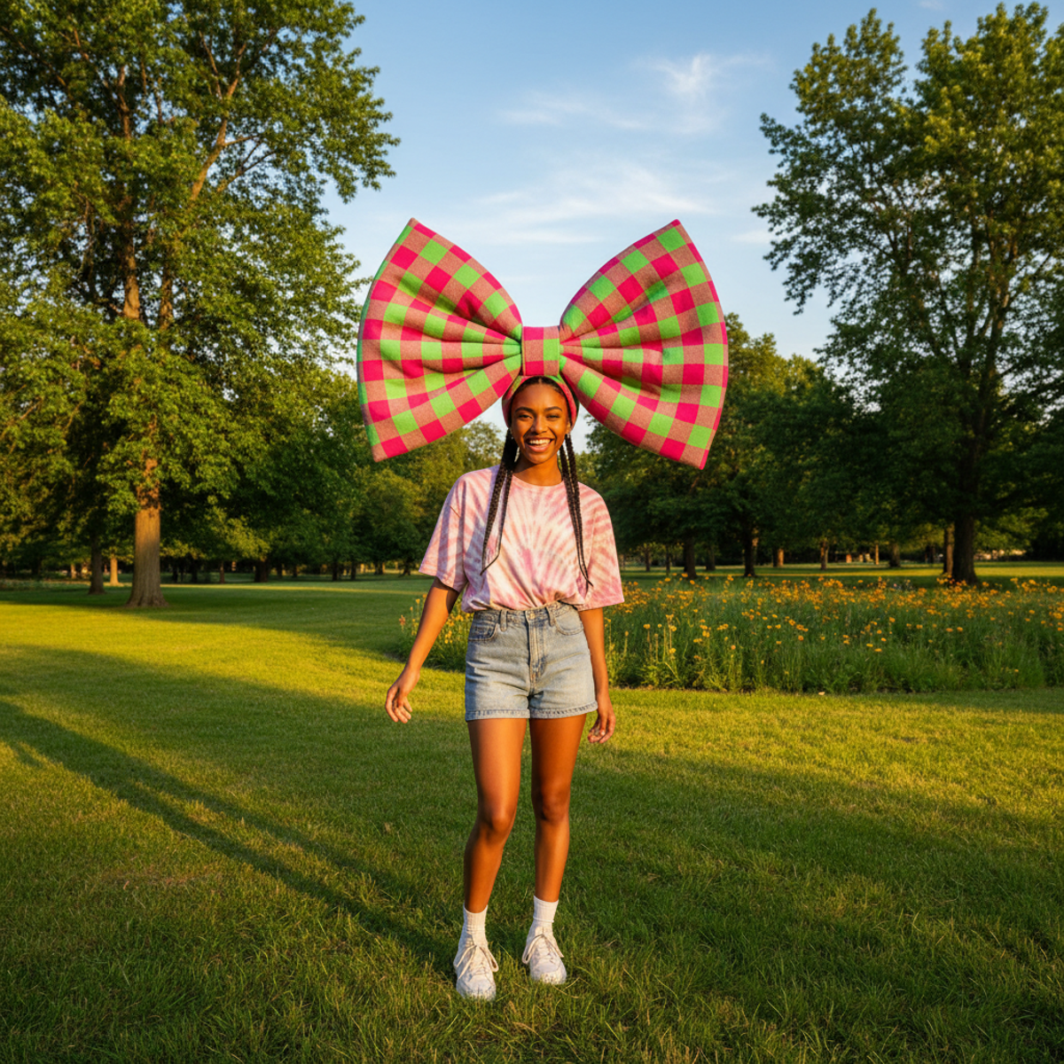 Oversized neon pink and green gingham bow headband in a summer park scene.