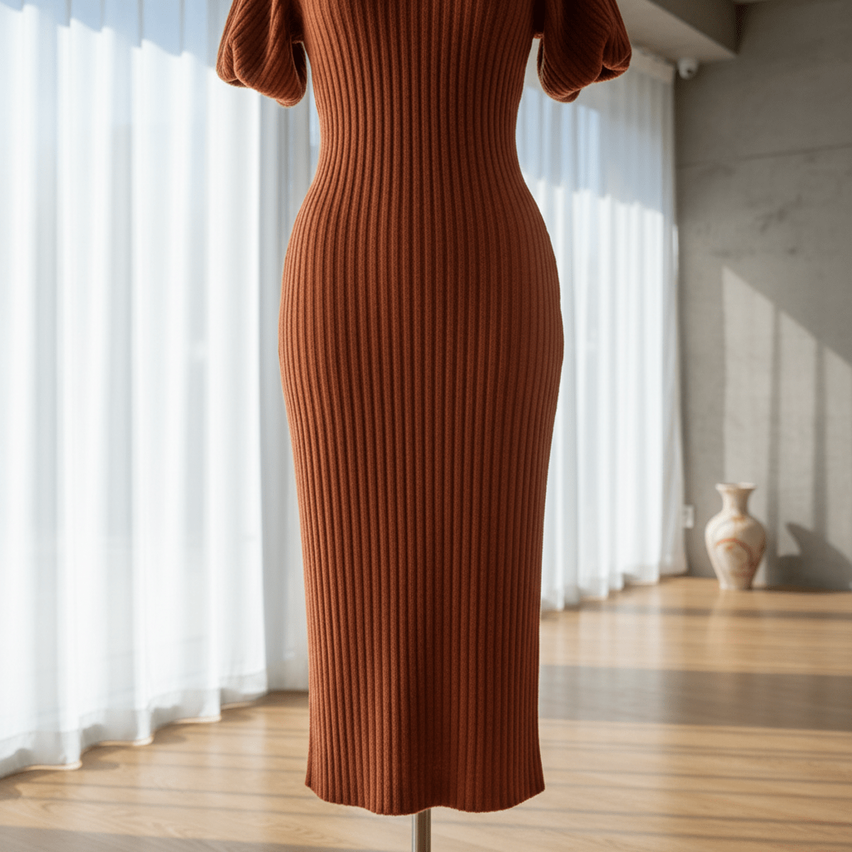 Close-up of a warm terracotta ribbed midi dress showing its soft tactile fabric texture.