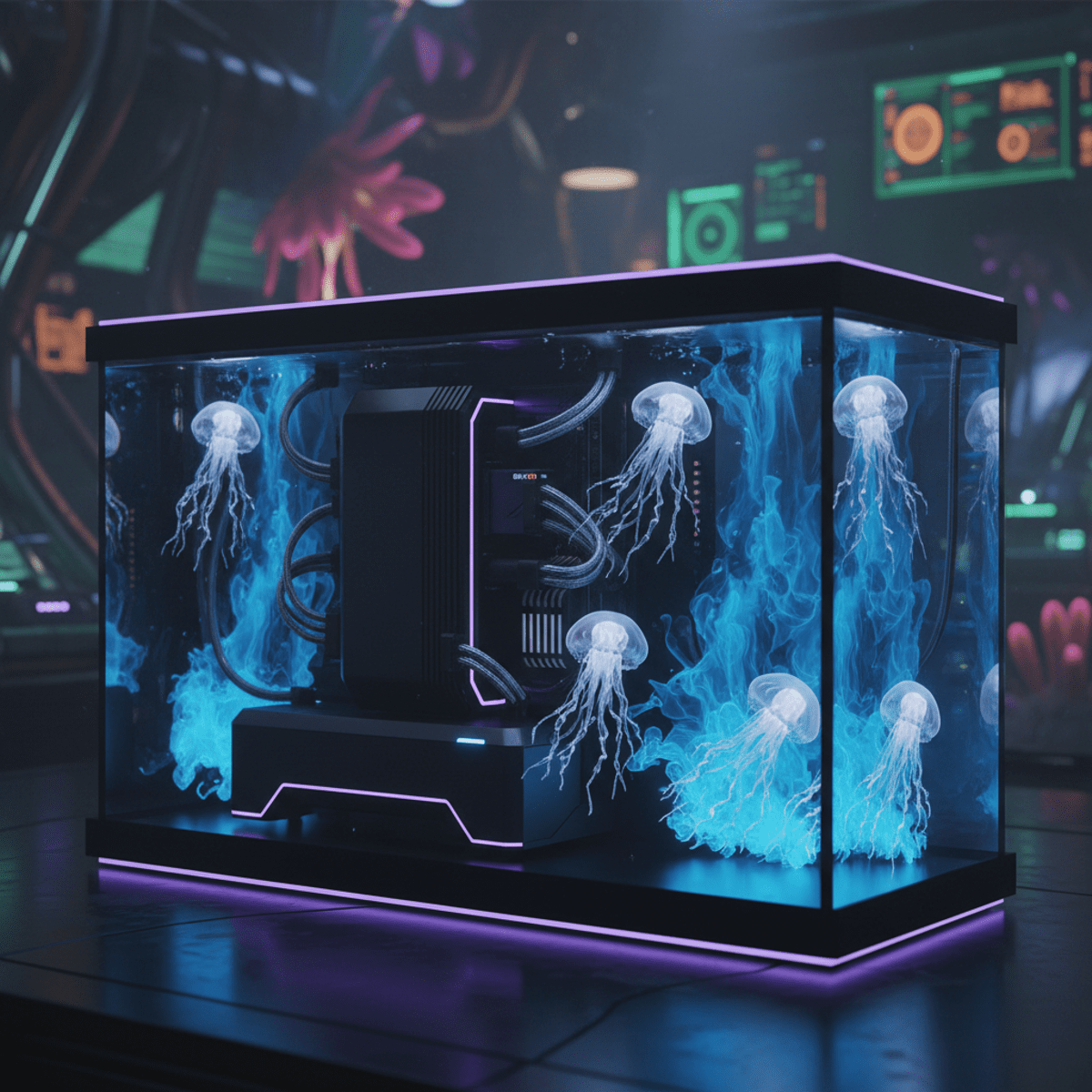Futuristic PC build integrated into a glowing, water-filled tank with 3D-printed jellyfish.