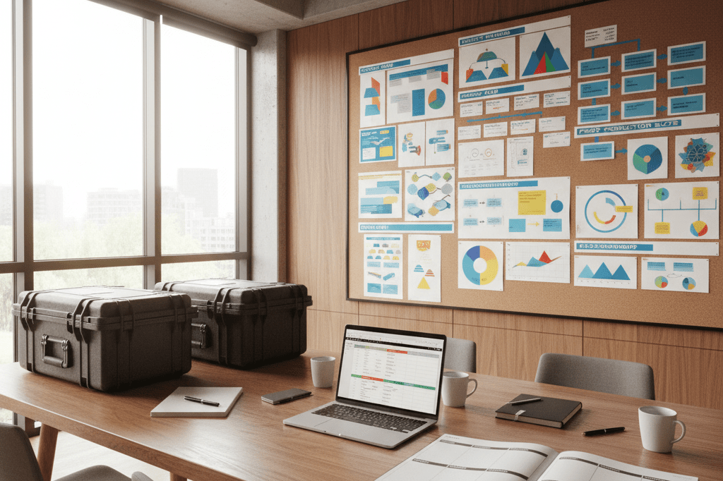 Wide shot of a meeting space with scheduling boards, planners, and equipment cases under natural lighting, symbolizing advanced production coordination.