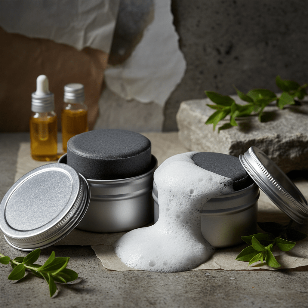 Deep charcoal face wash bars with creamy lather in brushed aluminum tins.