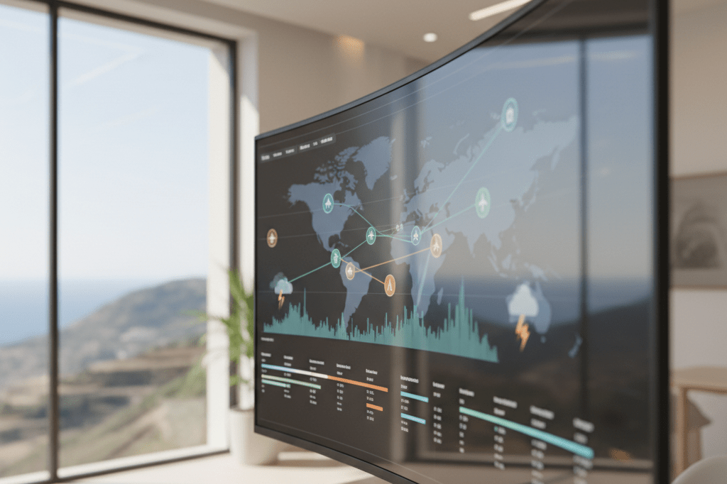 Medium shot of a sunlit office monitor displaying real-time flight delay and weather analytics for Mediterranean tourism logistics