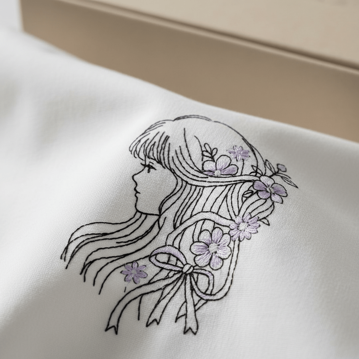 Minimalist shoujo manga embroidery on premium white cotton fabric with pastel lavender.