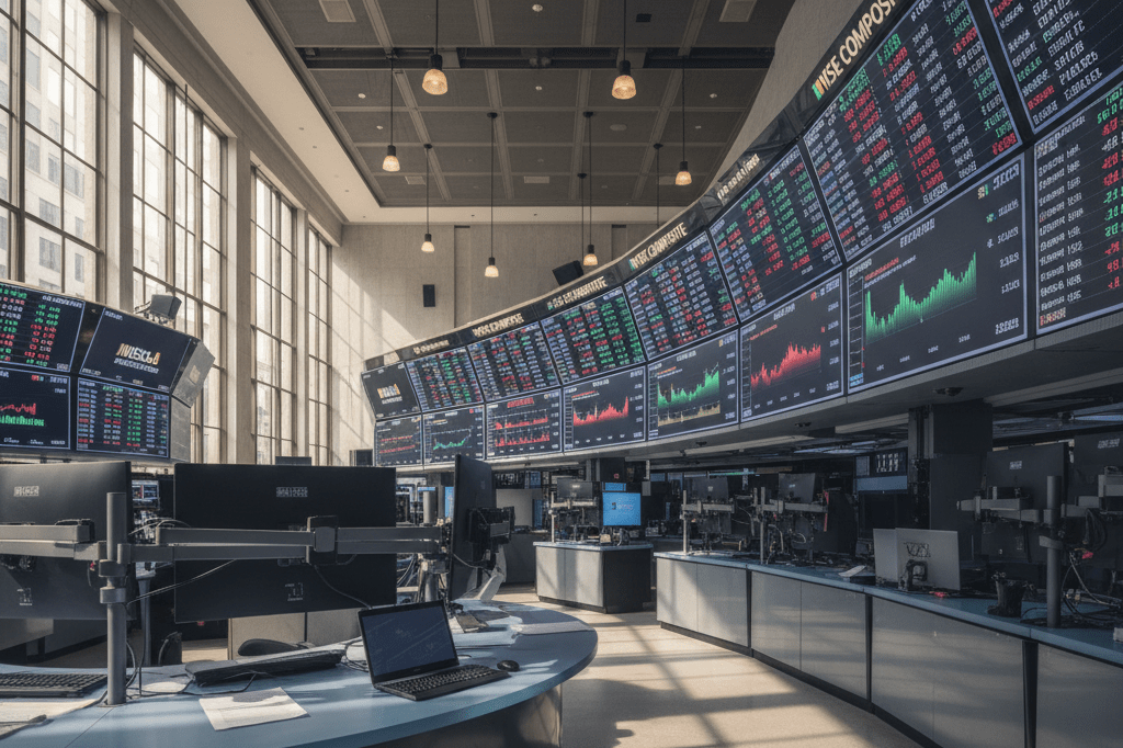 Wide view of NYSE trading floor with digital screens and ambient lighting, evoking market activity