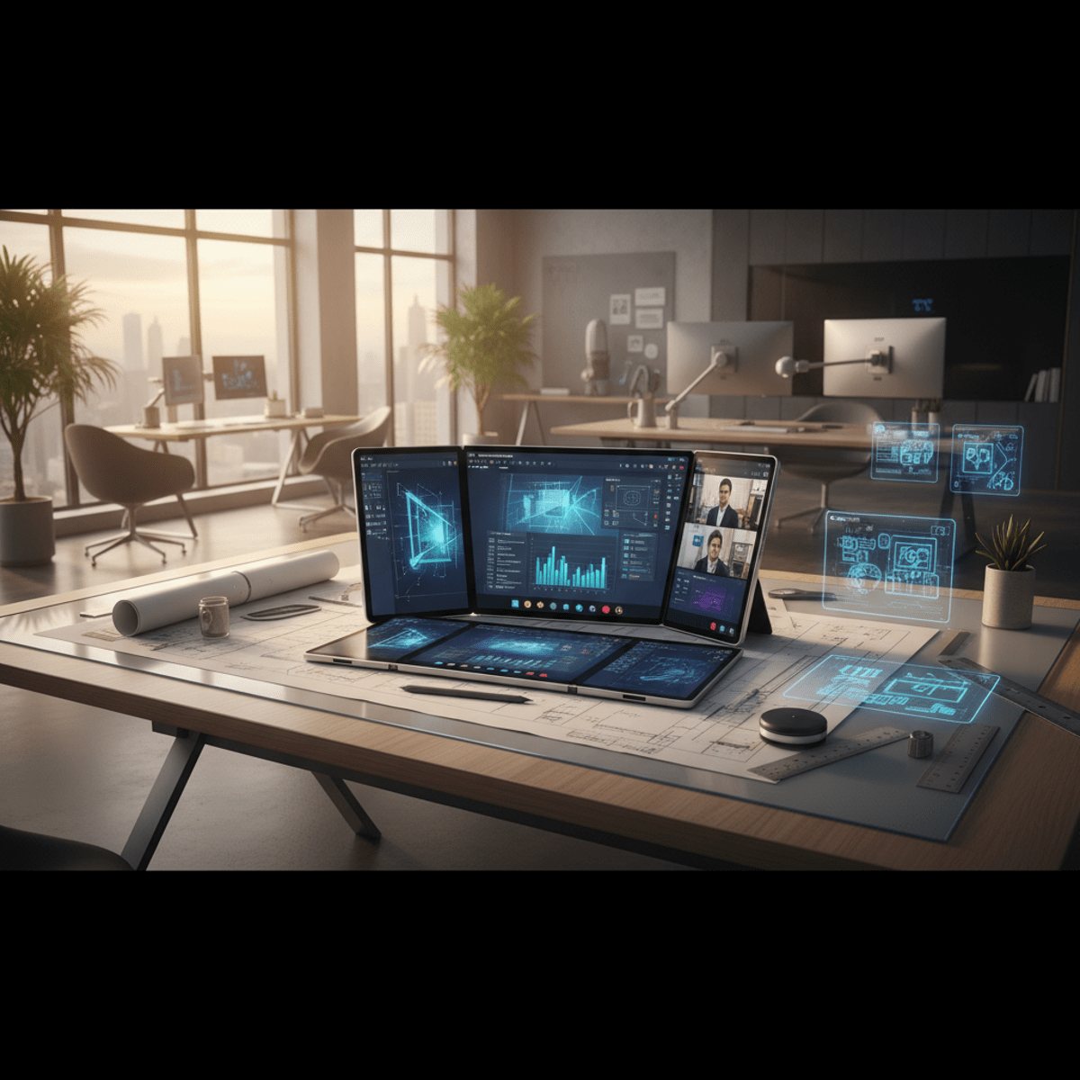 Extended foldable tablet in a futuristic workspace with multiple applications open.