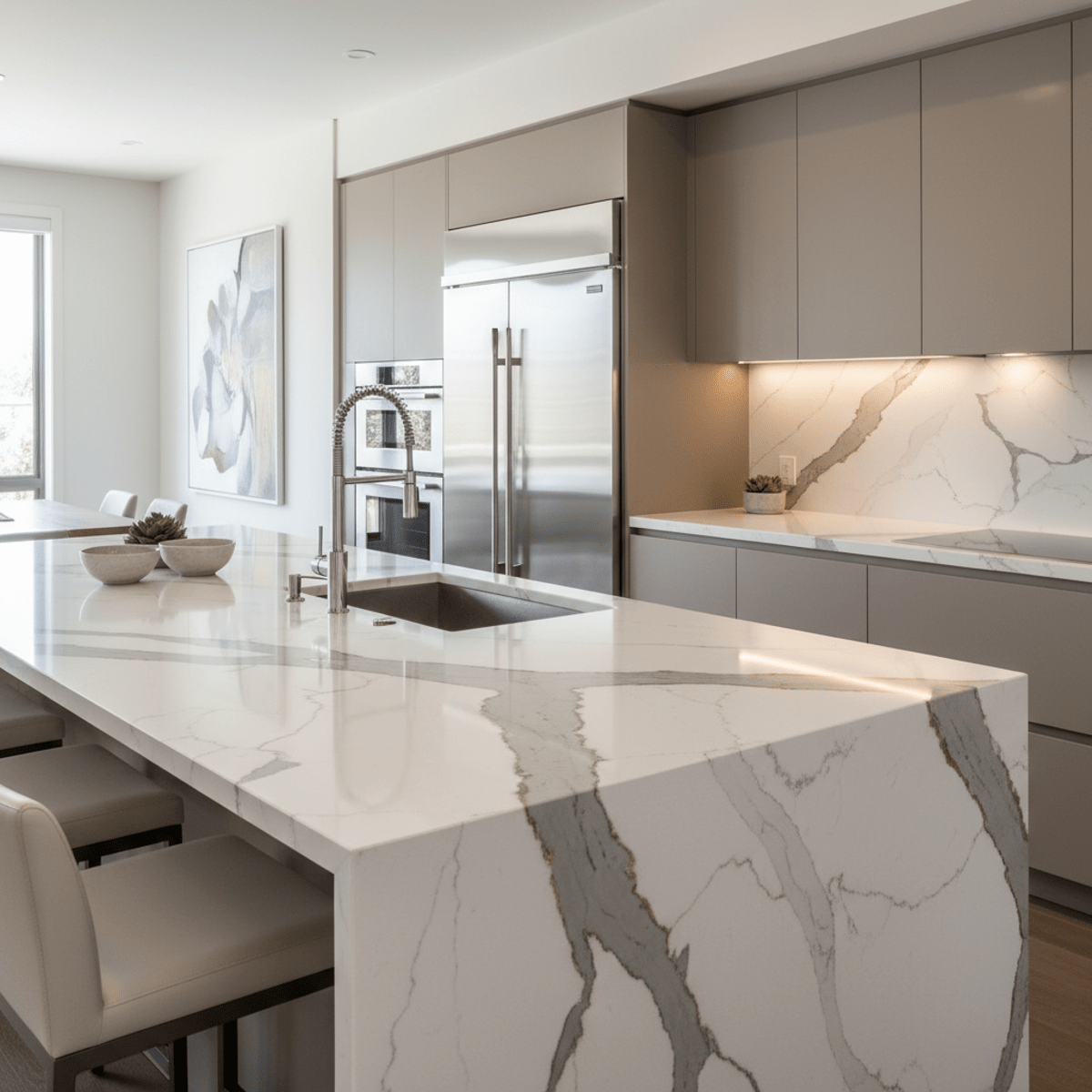 Modern kitchen island with Calacatta quartz remnants and matte white perimeter counters.
