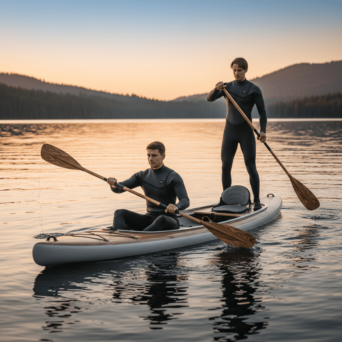 Adventurer on hybrid kayak-paddleboard gliding on serene lake at golden hour.