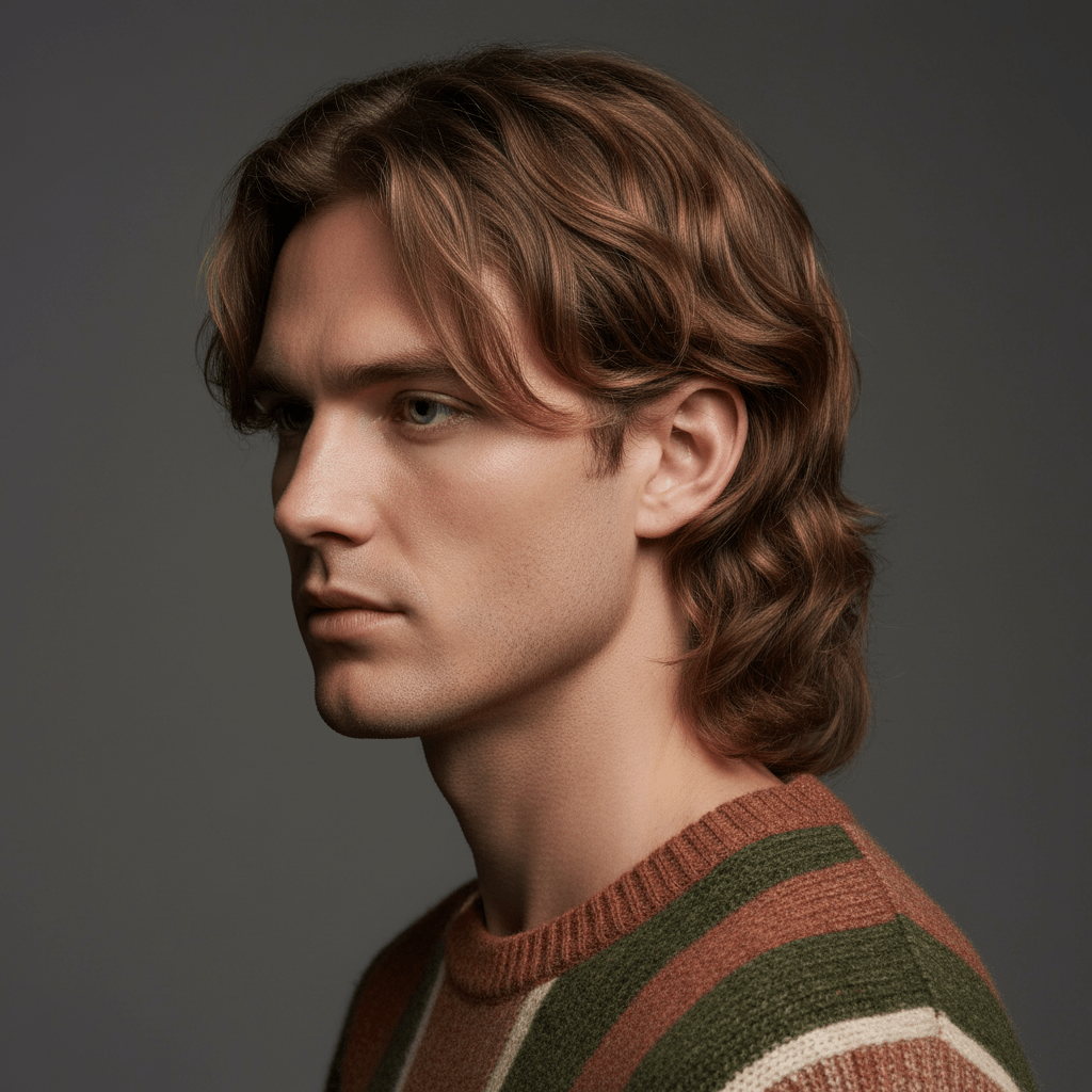 Man with soft-sculpt mullet, smooth layers, and natural waves in studio lighting.