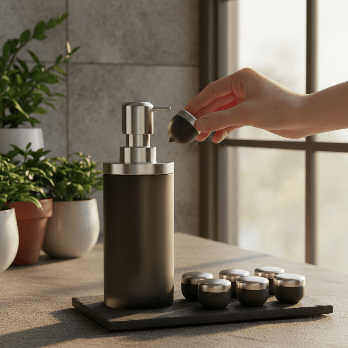 Luxury charcoal face wash dispenser with matte black glass and aluminum.