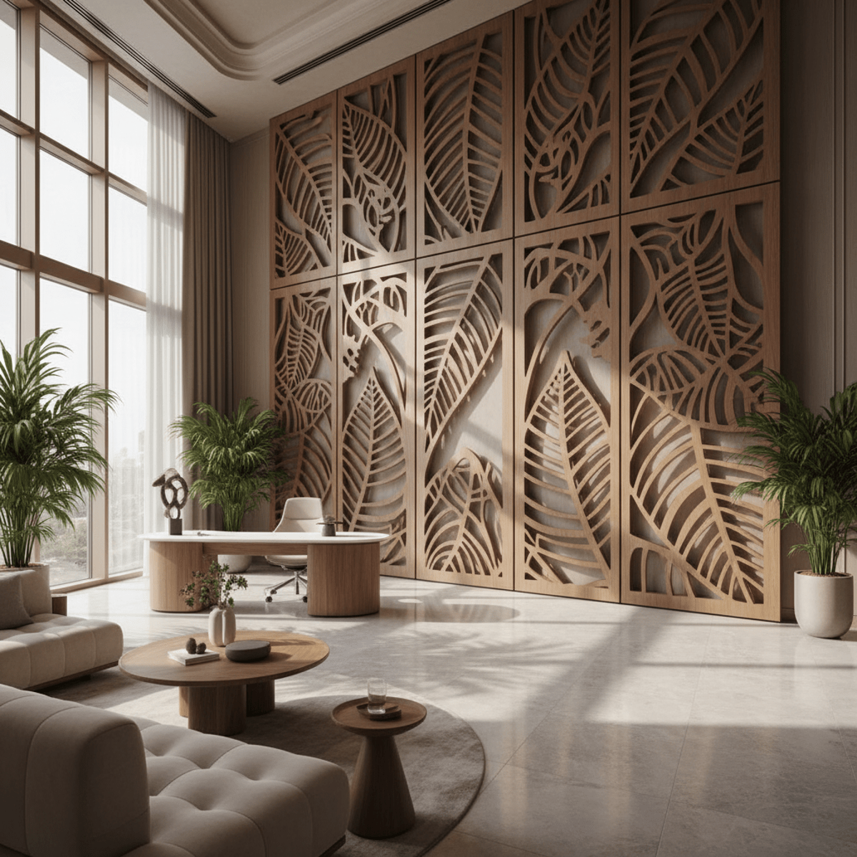 Luxury office with biophilic wood screen casting organic shadows on stone floor.