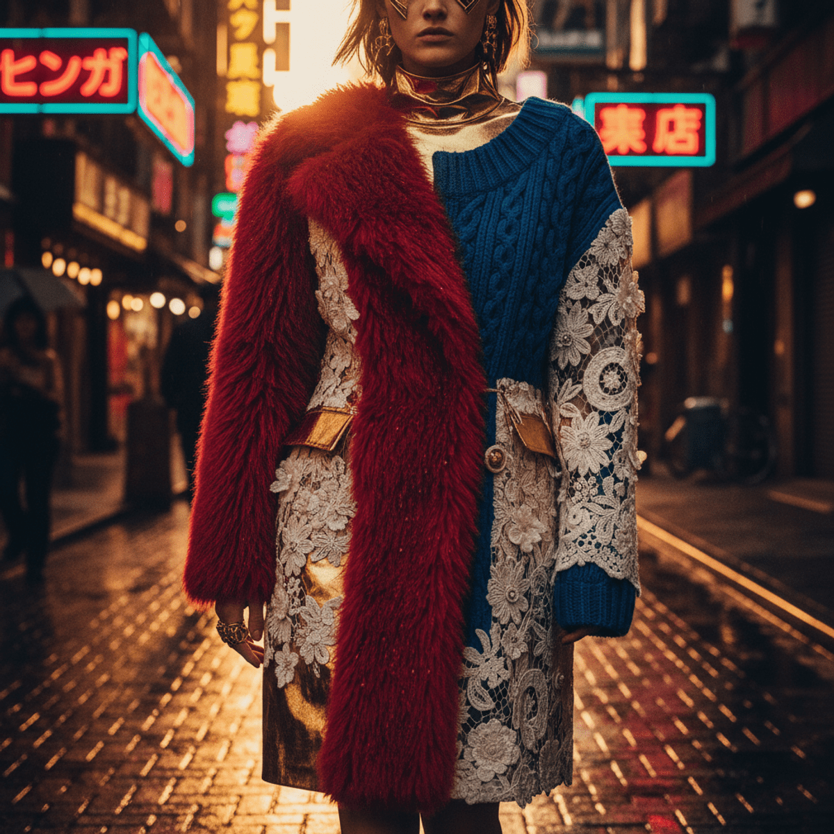 Vibrant statement coat with faux fur, patent leather, and lace in golden hour light.