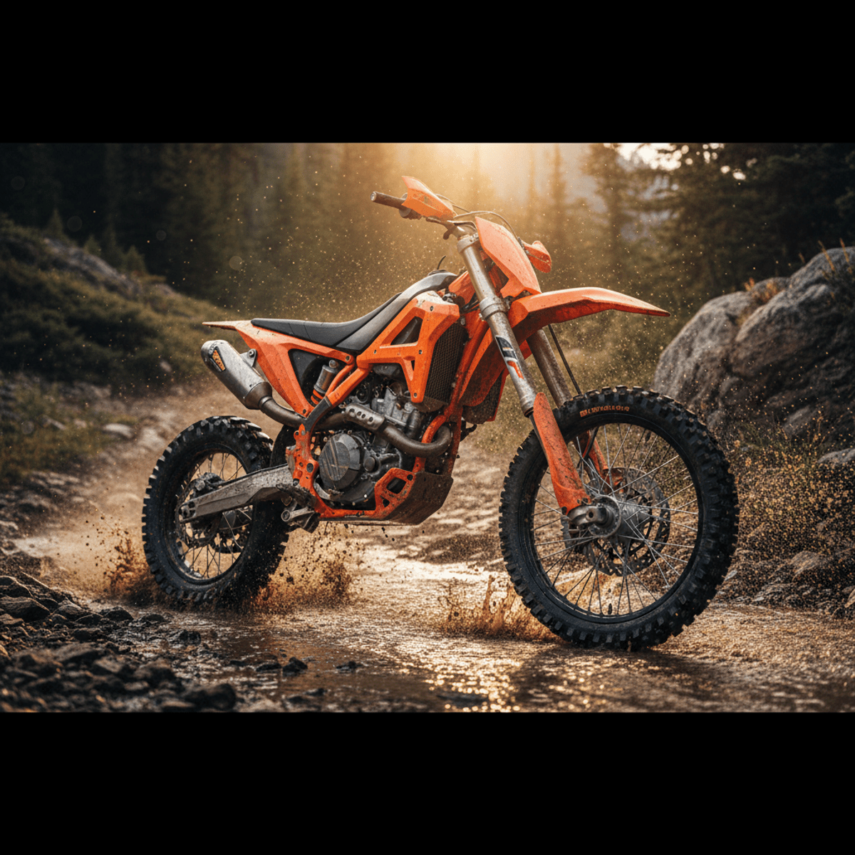 Futuristic orange enduro motorcycle splashes through muddy water on a mountain path.